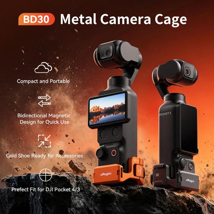 Gabbia per fotocamera in metallo aMagisn per DJI Osmo Pocket 4 e Pocket 3, telaio di espansione multifunzionale con attacco a slitta, attacco a doppia spina e filettatura da 1/4 di pollice, adattatore a sgancio rapido magnetico compatibile.