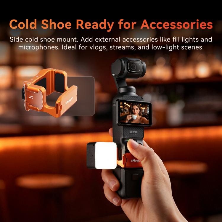 Gabbia per fotocamera in metallo aMagisn per DJI Osmo Pocket 4 e Pocket 3, telaio di espansione multifunzionale con attacco a slitta, attacco a doppia spina e filettatura da 1/4 di pollice, adattatore a sgancio rapido magnetico compatibile.