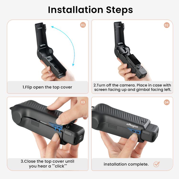 Custodia protettiva monoblocco aMagisn per DJI Osmo Pocket 4, cover rigida in ABS resistente agli urti con scomparto magnetico integrato per il filtro.
