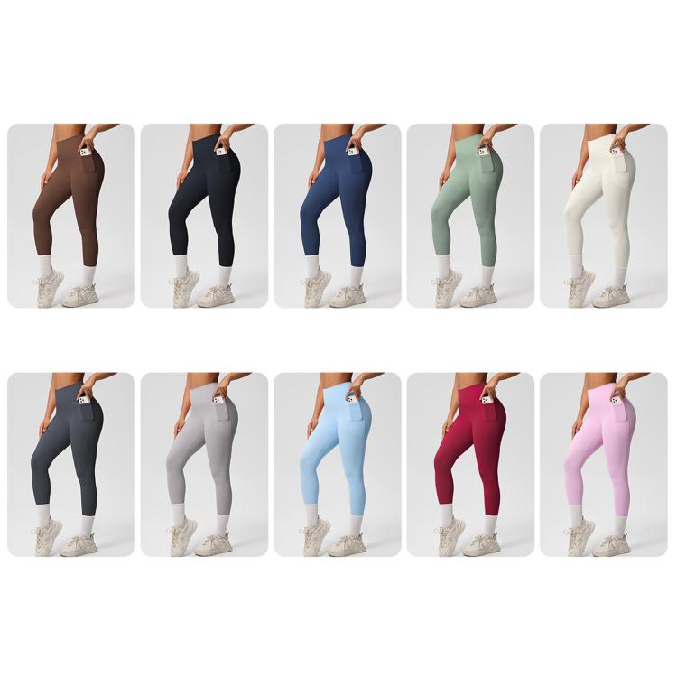 Pantaloni da fitness/yoga a vita alta, elasticizzati, traspiranti, spazzolati su entrambi i lati e con tasche., S, M