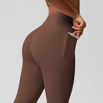 Pantaloni da fitness/yoga a vita alta, elasticizzati, traspiranti, spazzolati su entrambi i lati e con tasche., S, M