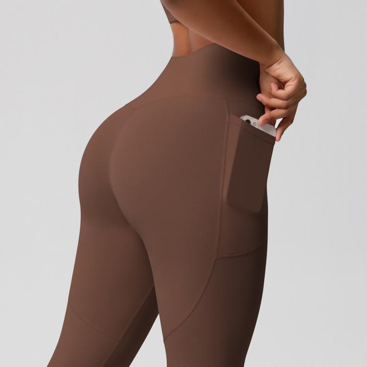Pantaloni da fitness/yoga a vita alta, elasticizzati, traspiranti, spazzolati su entrambi i lati e con tasche., S, M