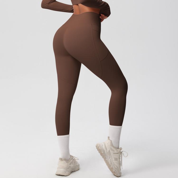 Pantaloni da fitness/yoga a vita alta, elasticizzati, traspiranti, spazzolati su entrambi i lati e con tasche., S, M