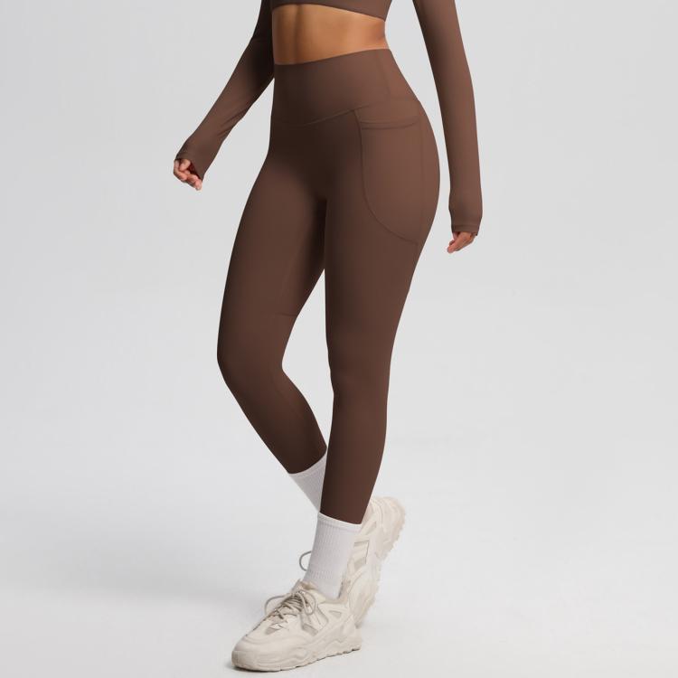 Pantaloni da fitness/yoga a vita alta, elasticizzati, traspiranti, spazzolati su entrambi i lati e con tasche., S, M