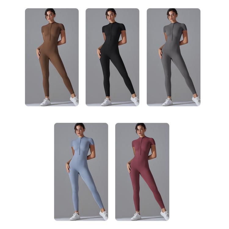 Body a maniche corte elasticizzato con cerniera, ideale per fitness e yoga., S, M, L, XL
