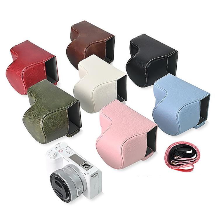 Custodia protettiva in pelle PU per fotocamera Sony ZV-E10 II / ZV-E10M2, mezza copertura con tracolla.
