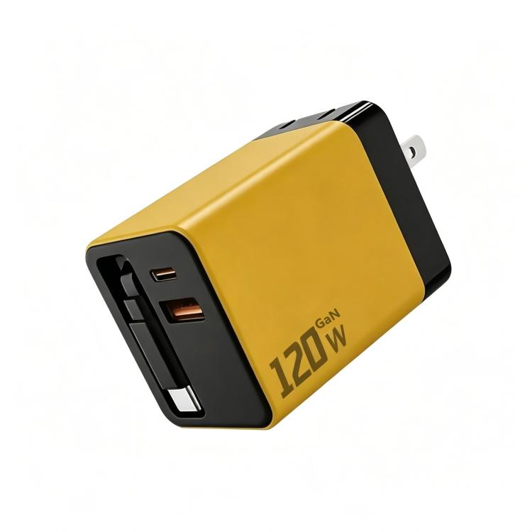 Caricabatterie da parete GaN da 120 W con cavo USB-C retrattile integrato e blocco di ricarica rapida a 3 porte., US Plug, EU Plug, UK Plug