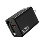 Caricabatterie da parete GaN da 120 W con cavo USB-C retrattile integrato e blocco di ricarica rapida a 3 porte., US Plug, EU Plug, UK Plug