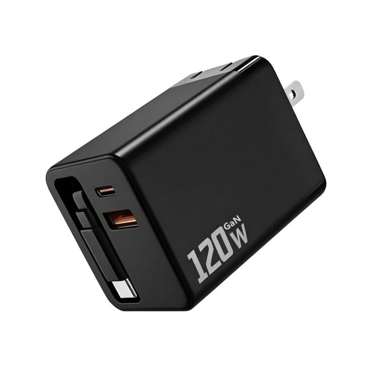 Caricabatterie da parete GaN da 120 W con cavo USB-C retrattile integrato e blocco di ricarica rapida a 3 porte., US Plug, EU Plug, UK Plug