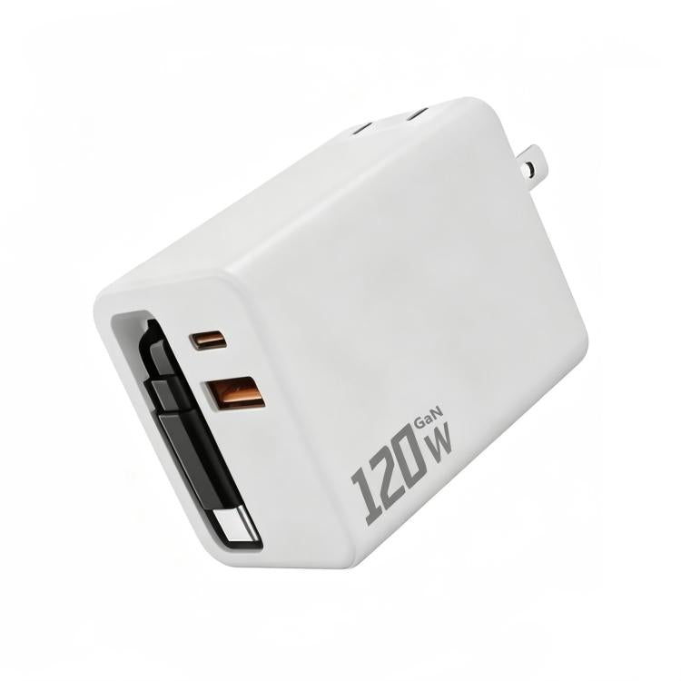 Caricabatterie da parete GaN da 120 W con cavo USB-C retrattile integrato e blocco di ricarica rapida a 3 porte., US Plug, EU Plug, UK Plug