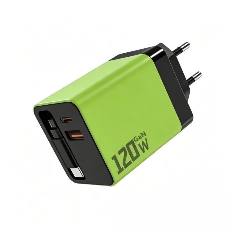 Caricabatterie da parete GaN da 120 W con cavo USB-C retrattile integrato e blocco di ricarica rapida a 3 porte., US Plug, EU Plug, UK Plug