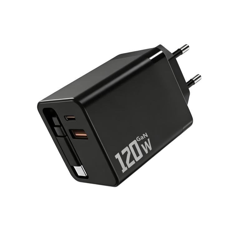 Caricabatterie da parete GaN da 120 W con cavo USB-C retrattile integrato e blocco di ricarica rapida a 3 porte., US Plug, EU Plug, UK Plug