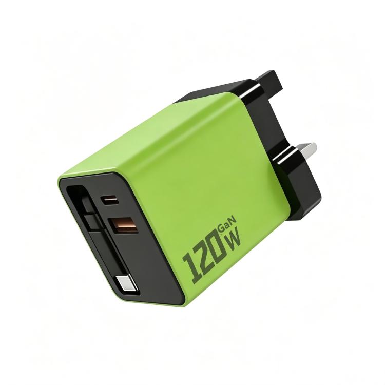 Caricabatterie da parete GaN da 120 W con cavo USB-C retrattile integrato e blocco di ricarica rapida a 3 porte., US Plug, EU Plug, UK Plug
