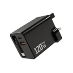 Caricabatterie da parete GaN da 120 W con cavo USB-C retrattile integrato e blocco di ricarica rapida a 3 porte., US Plug, EU Plug, UK Plug