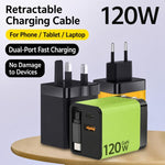 Caricabatterie da parete GaN da 120 W con cavo USB-C retrattile integrato e blocco di ricarica rapida a 3 porte., US Plug, EU Plug, UK Plug