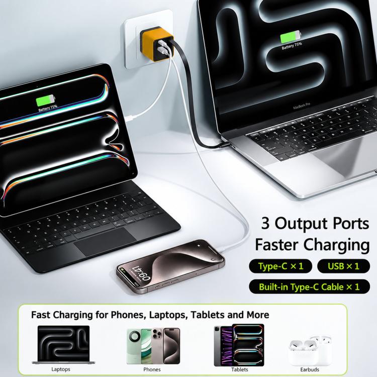 Caricabatterie da parete GaN da 120 W con cavo USB-C retrattile integrato e blocco di ricarica rapida a 3 porte., US Plug, EU Plug, UK Plug