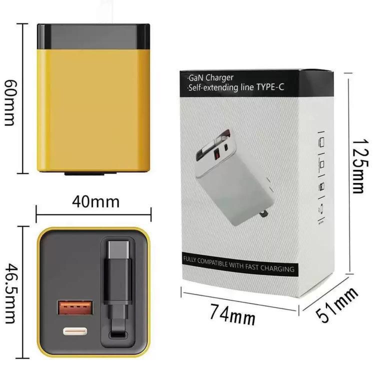 Caricabatterie da parete GaN da 120 W con cavo USB-C retrattile integrato e blocco di ricarica rapida a 3 porte., US Plug, EU Plug, UK Plug