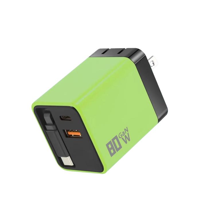 Caricabatterie da parete GaN da 80 W con cavo USB-C retrattile integrato e blocco di ricarica rapida a 3 porte., US Plug, EU Plug, UK Plug