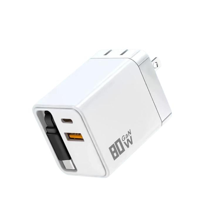 Caricabatterie da parete GaN da 80 W con cavo USB-C retrattile integrato e blocco di ricarica rapida a 3 porte., US Plug, EU Plug, UK Plug