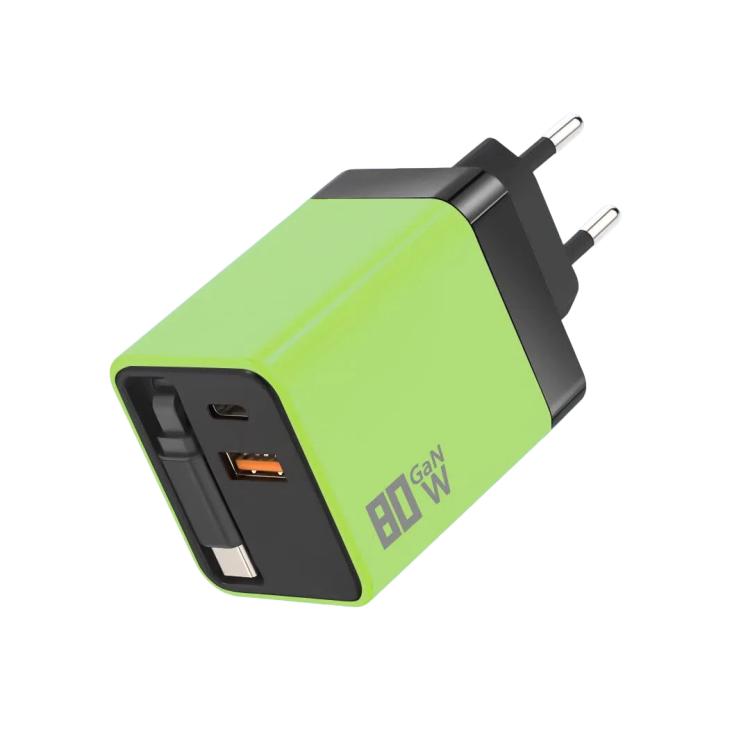 Caricabatterie da parete GaN da 80 W con cavo USB-C retrattile integrato e blocco di ricarica rapida a 3 porte., US Plug, EU Plug, UK Plug