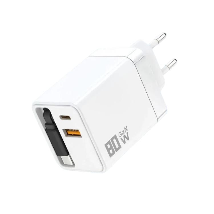 Caricabatterie da parete GaN da 80 W con cavo USB-C retrattile integrato e blocco di ricarica rapida a 3 porte., US Plug, EU Plug, UK Plug
