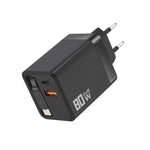 Caricabatterie da parete GaN da 80 W con cavo USB-C retrattile integrato e blocco di ricarica rapida a 3 porte., US Plug, EU Plug, UK Plug