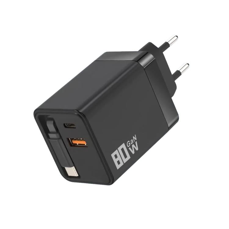 Caricabatterie da parete GaN da 80 W con cavo USB-C retrattile integrato e blocco di ricarica rapida a 3 porte., US Plug, EU Plug, UK Plug