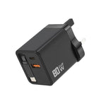 Caricabatterie da parete GaN da 80 W con cavo USB-C retrattile integrato e blocco di ricarica rapida a 3 porte., US Plug, EU Plug, UK Plug