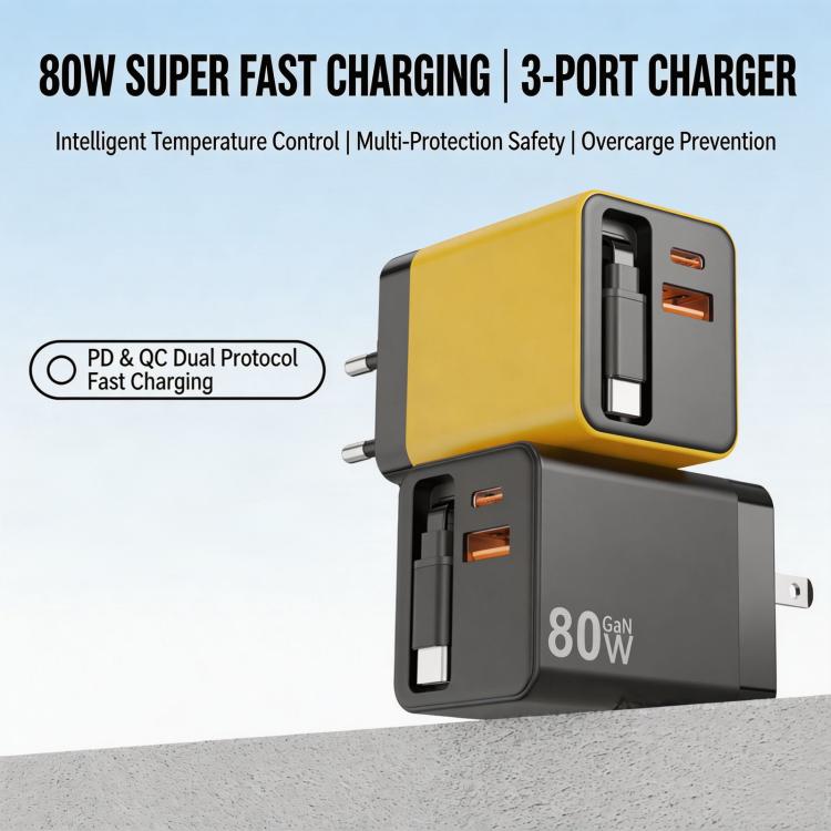 Caricabatterie da parete GaN da 80 W con cavo USB-C retrattile integrato e blocco di ricarica rapida a 3 porte., US Plug, EU Plug, UK Plug