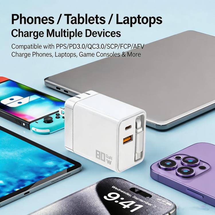 Caricabatterie da parete GaN da 80 W con cavo USB-C retrattile integrato e blocco di ricarica rapida a 3 porte., US Plug, EU Plug, UK Plug