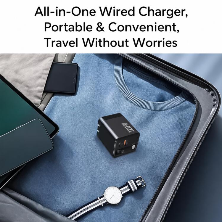 Caricabatterie da parete GaN da 80 W con cavo USB-C retrattile integrato e blocco di ricarica rapida a 3 porte., US Plug, EU Plug, UK Plug