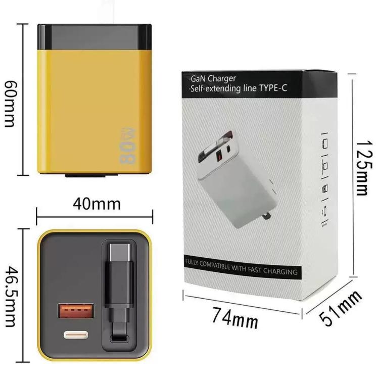 Caricabatterie da parete GaN da 80 W con cavo USB-C retrattile integrato e blocco di ricarica rapida a 3 porte., US Plug, EU Plug, UK Plug