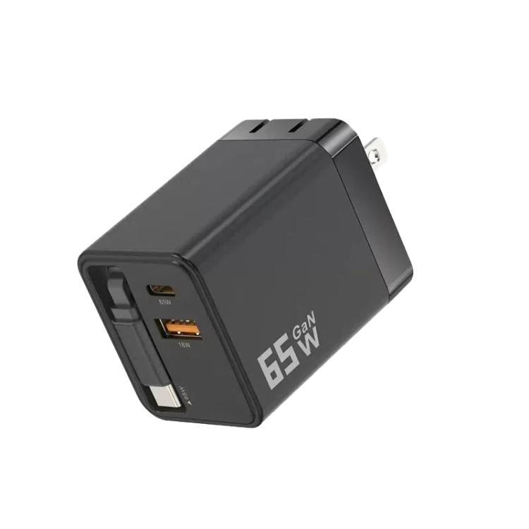 Caricabatterie da parete GaN da 65 W con cavo USB-C retrattile integrato e blocco di ricarica rapida a 3 porte., US Plug, EU Plug, UK Plug