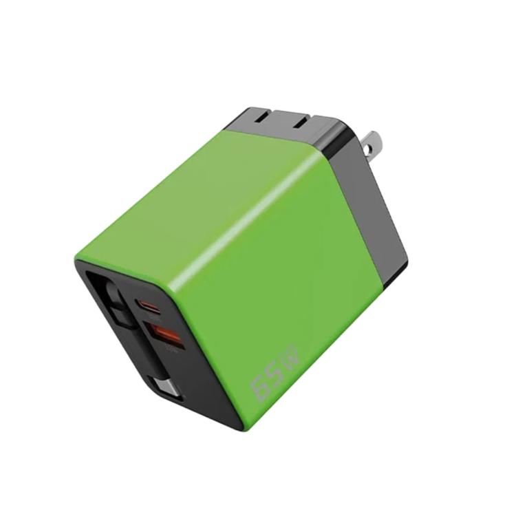 Caricabatterie da parete GaN da 65 W con cavo USB-C retrattile integrato e blocco di ricarica rapida a 3 porte., US Plug, EU Plug, UK Plug