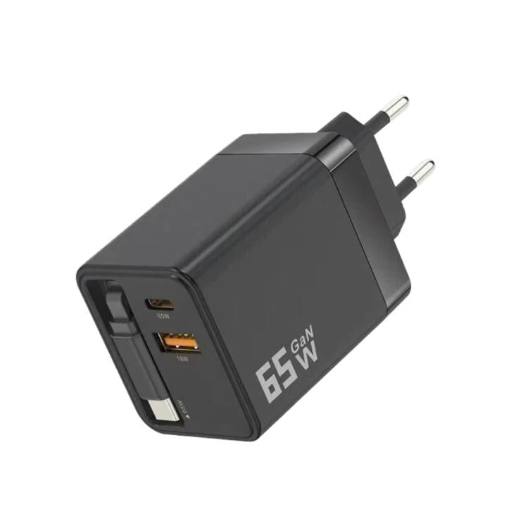Caricabatterie da parete GaN da 65 W con cavo USB-C retrattile integrato e blocco di ricarica rapida a 3 porte., US Plug, EU Plug, UK Plug