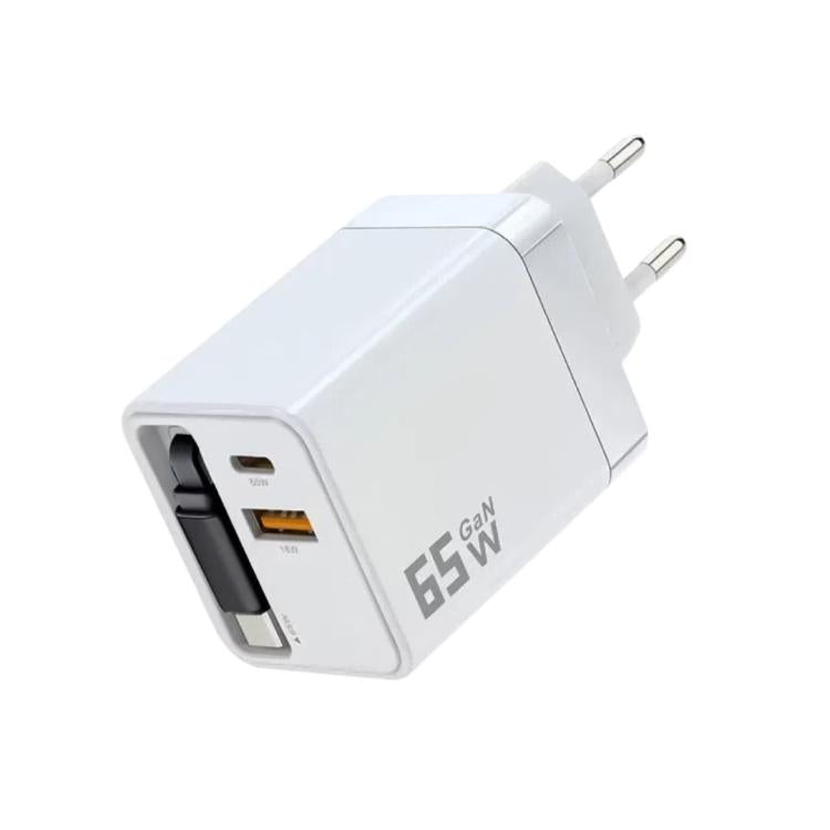 Caricabatterie da parete GaN da 65 W con cavo USB-C retrattile integrato e blocco di ricarica rapida a 3 porte., US Plug, EU Plug, UK Plug