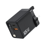 Caricabatterie da parete GaN da 65 W con cavo USB-C retrattile integrato e blocco di ricarica rapida a 3 porte., US Plug, EU Plug, UK Plug