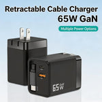 Caricabatterie da parete GaN da 65 W con cavo USB-C retrattile integrato e blocco di ricarica rapida a 3 porte., US Plug, EU Plug, UK Plug
