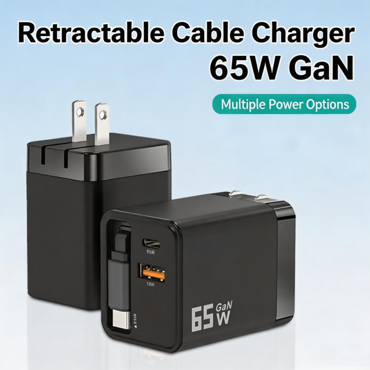 Caricabatterie da parete GaN da 65 W con cavo USB-C retrattile integrato e blocco di ricarica rapida a 3 porte., US Plug, EU Plug, UK Plug