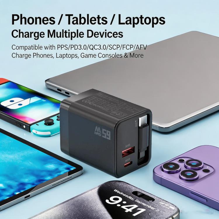 Caricabatterie da parete GaN da 65 W con cavo USB-C retrattile integrato e blocco di ricarica rapida a 3 porte., US Plug, EU Plug, UK Plug