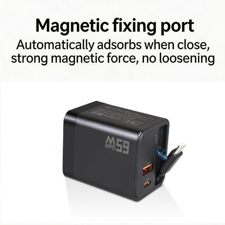 Caricabatterie da parete GaN da 65 W con cavo USB-C retrattile integrato e blocco di ricarica rapida a 3 porte., US Plug, EU Plug, UK Plug