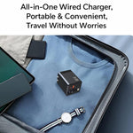 Caricabatterie da parete GaN da 65 W con cavo USB-C retrattile integrato e blocco di ricarica rapida a 3 porte., US Plug, EU Plug, UK Plug