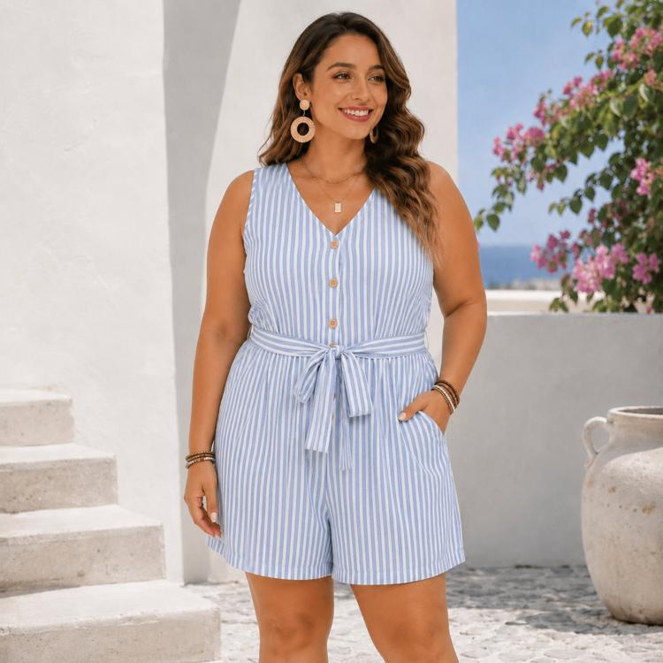 Tuta corta a righe senza maniche con scollo a V, L, XL