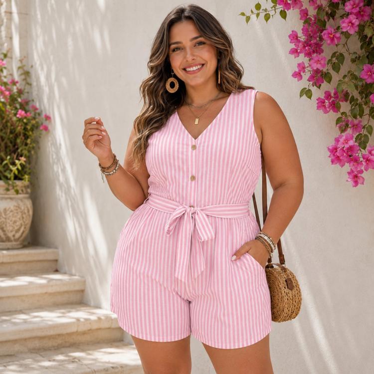Tuta corta a righe senza maniche con scollo a V, L, XL