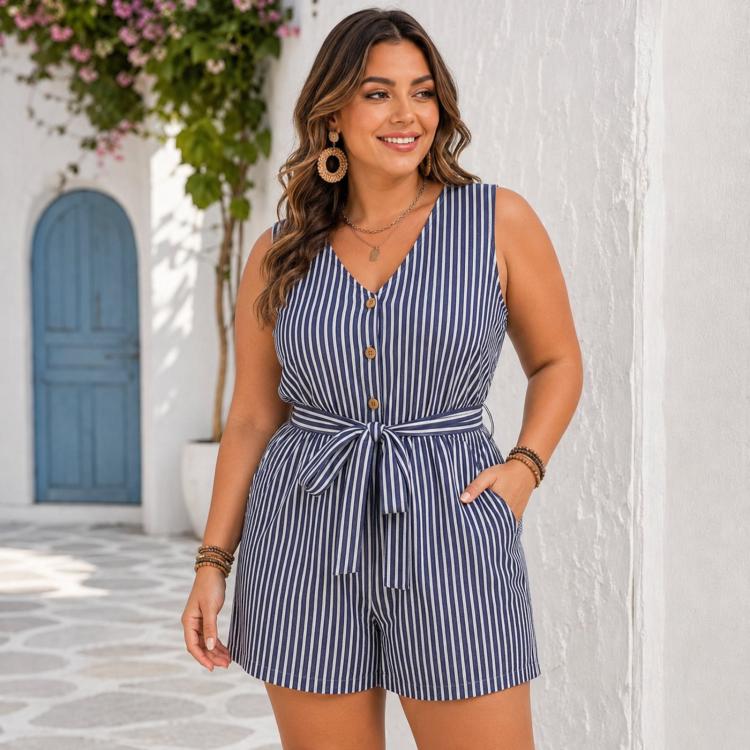 Tuta corta a righe senza maniche con scollo a V, L, XL