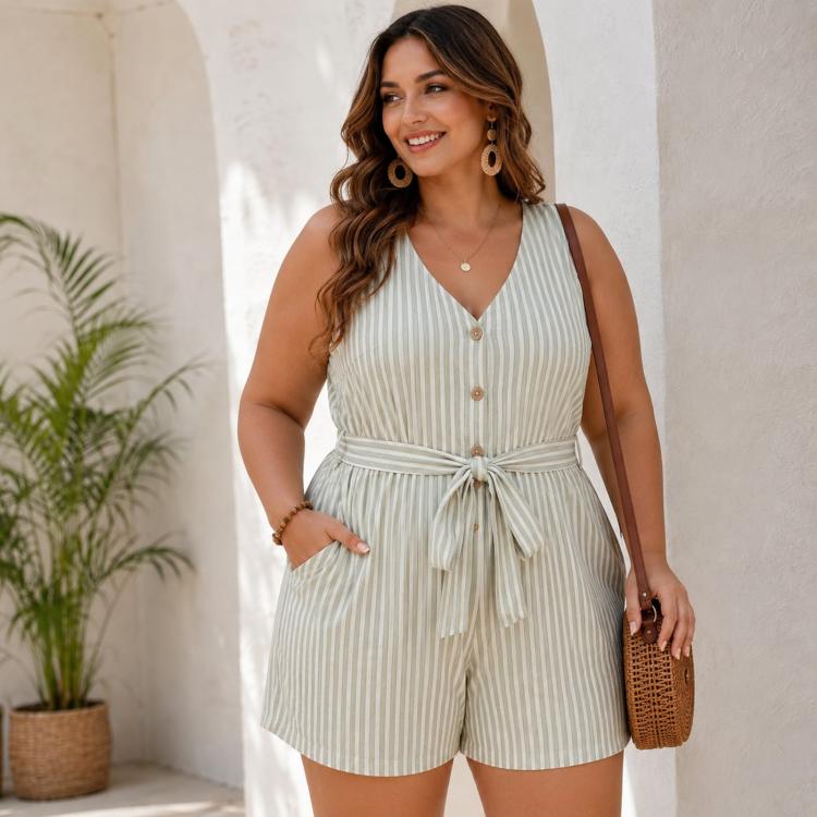 Tuta corta a righe senza maniche con scollo a V, L, XL
