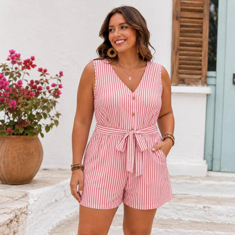 Tuta corta a righe senza maniche con scollo a V, L, XL