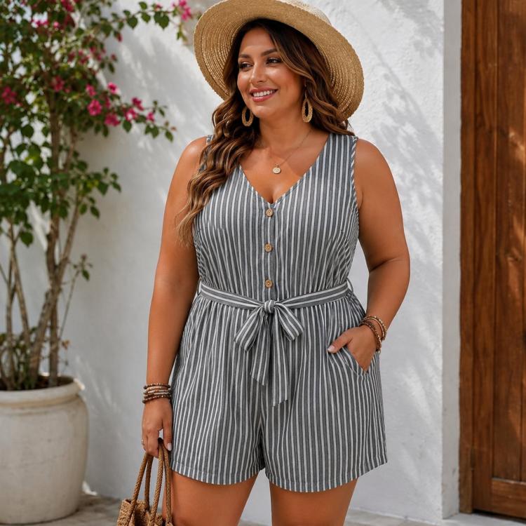 Tuta corta a righe senza maniche con scollo a V, L, XL