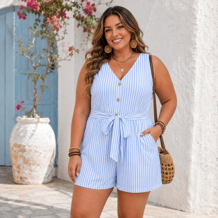 Tuta corta a righe senza maniche con scollo a V, L, XL