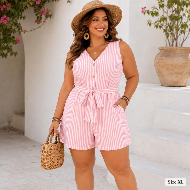 Tuta corta a righe senza maniche con scollo a V, L, XL